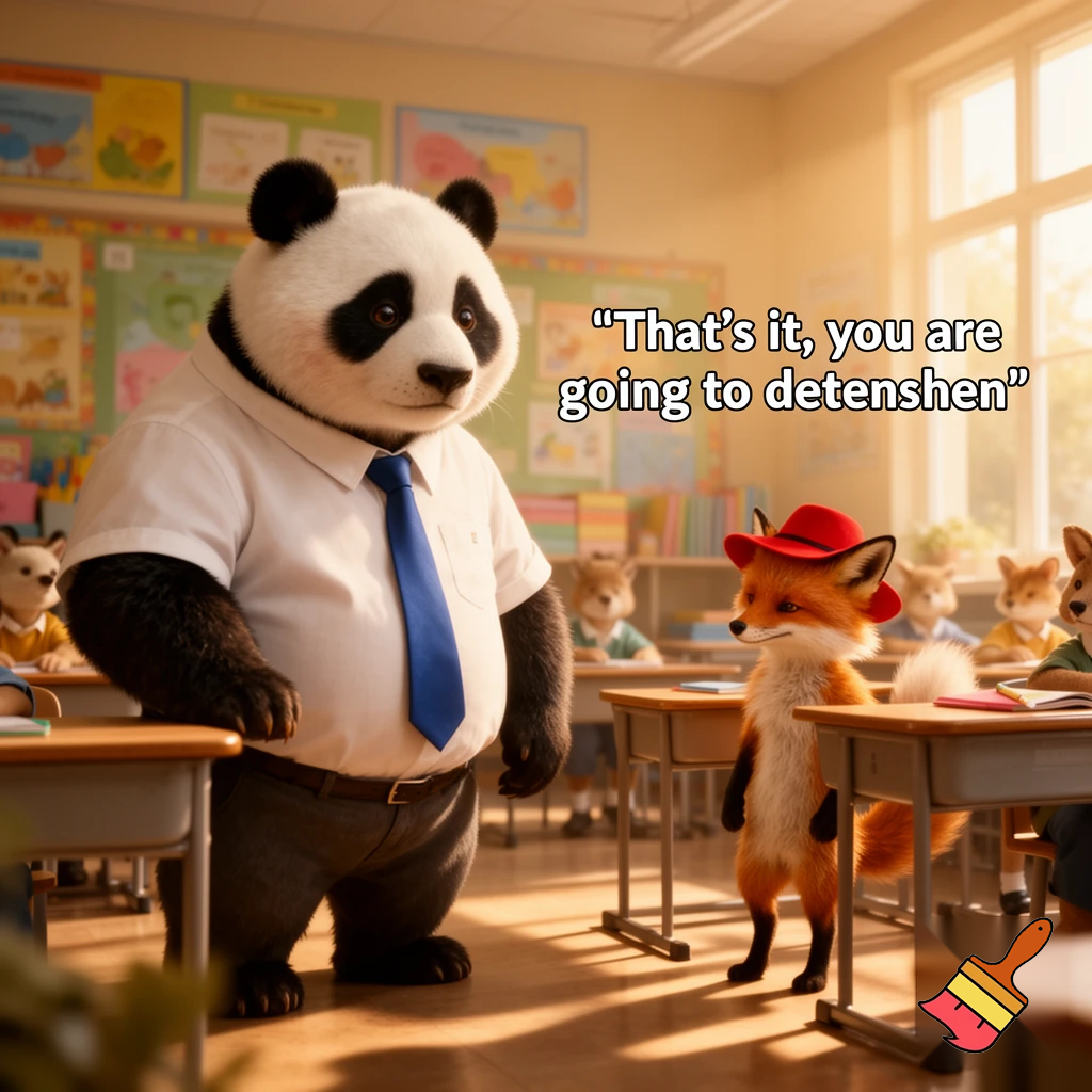 the panda teacher saw what the fox with the red hat did and he say thats it you are going to detenshen