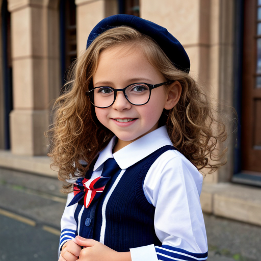 Cute adorable niña Chilindrina glasses con hair lazo curly Blonde con sailor uniforme escolar con zapatos negros escolar con calcetines blancos con Estados Unidos América bandera con desfile con ciudad 2