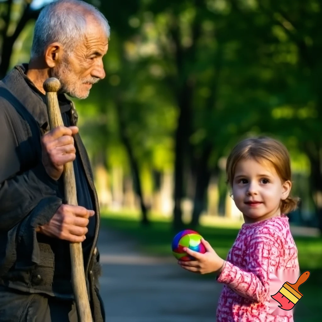 An old man is holding a stick, and a child wants to give him a ball.