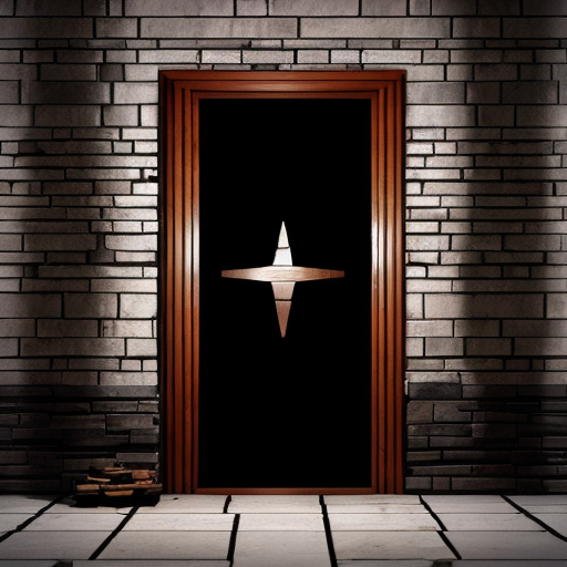 a wooden door with a star scratched onto it in a dark passage way with stone bricks.
