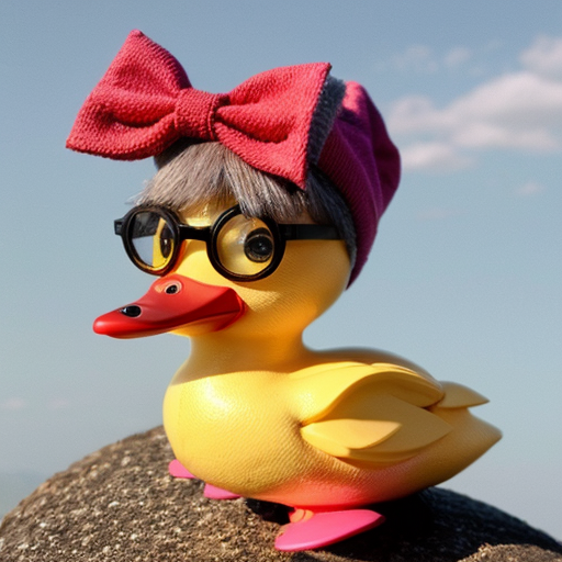 Blue duckling, purple duckling with eyelashes and red bow, yellow duckling with pink cap and red duckling with gray glasses went out one day, over the hills and far away.