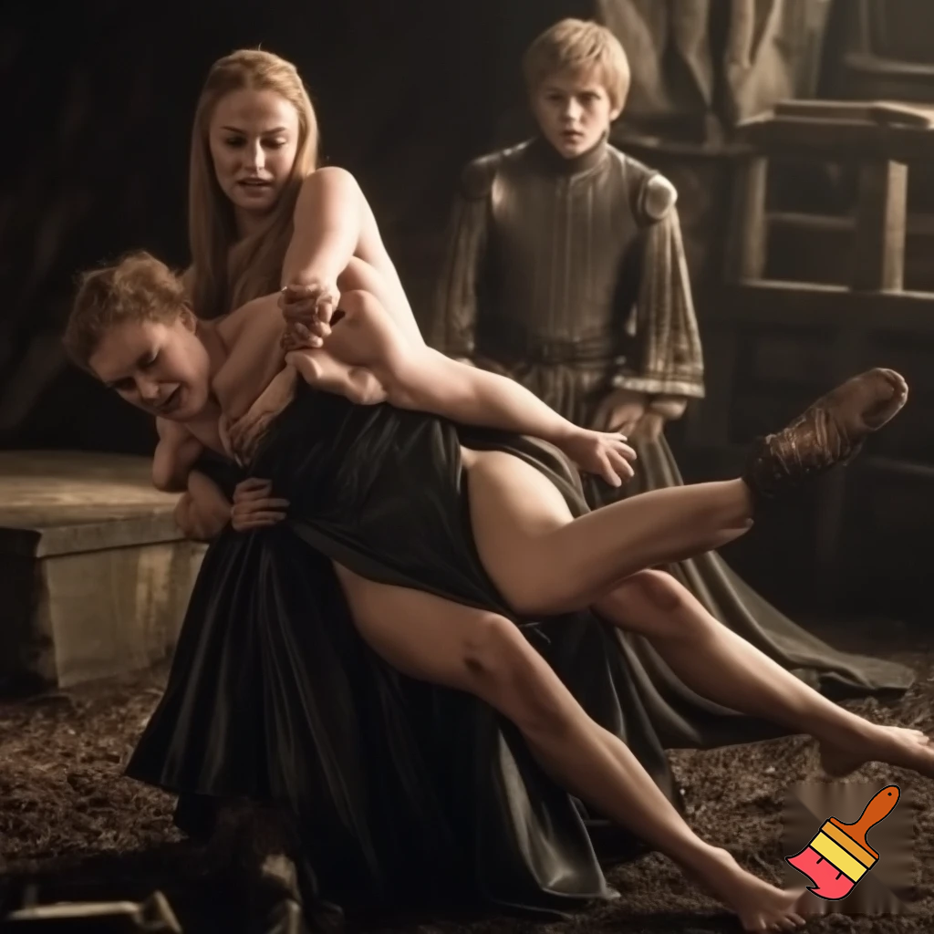 Sophie Turner and Cersei Lannister are fighting in a hut. Cersei Lannister is  sitting astride Sophie , pinning her to the ground. Both are naked and they're squeezing their bodies toghether
