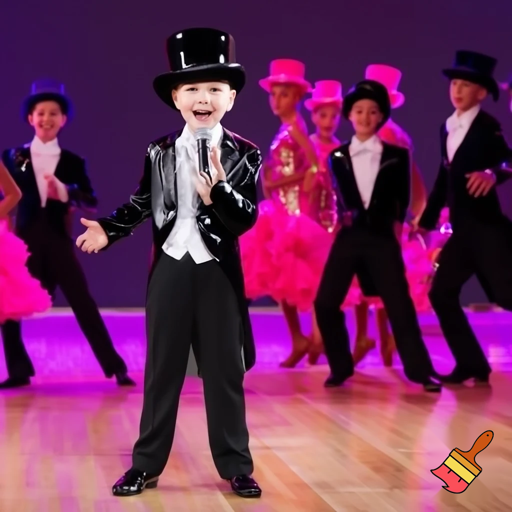 Preteen Boy in Shiny Black Top Hat White Bowtie Black Tailcoat Black Shiny Shoes Singing in Microphone on big Stage smiling. Behind him, two dancing boys in Shiny Black Top Hats and Tailcoats and two dancing Girls in Shiny Pink Hats and Sequined Pink Ballroom Dresses