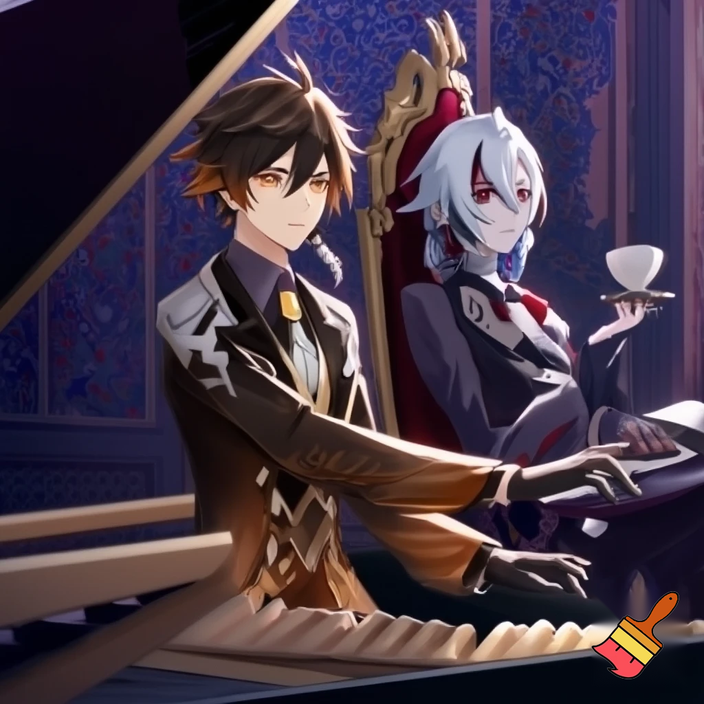 Чжунн Ли и Арлекино на обложке журнала. Оба персонажа из Геншина. Чжун Ли играет на рояле. Арлекино сидит на рояле и пьет чай
