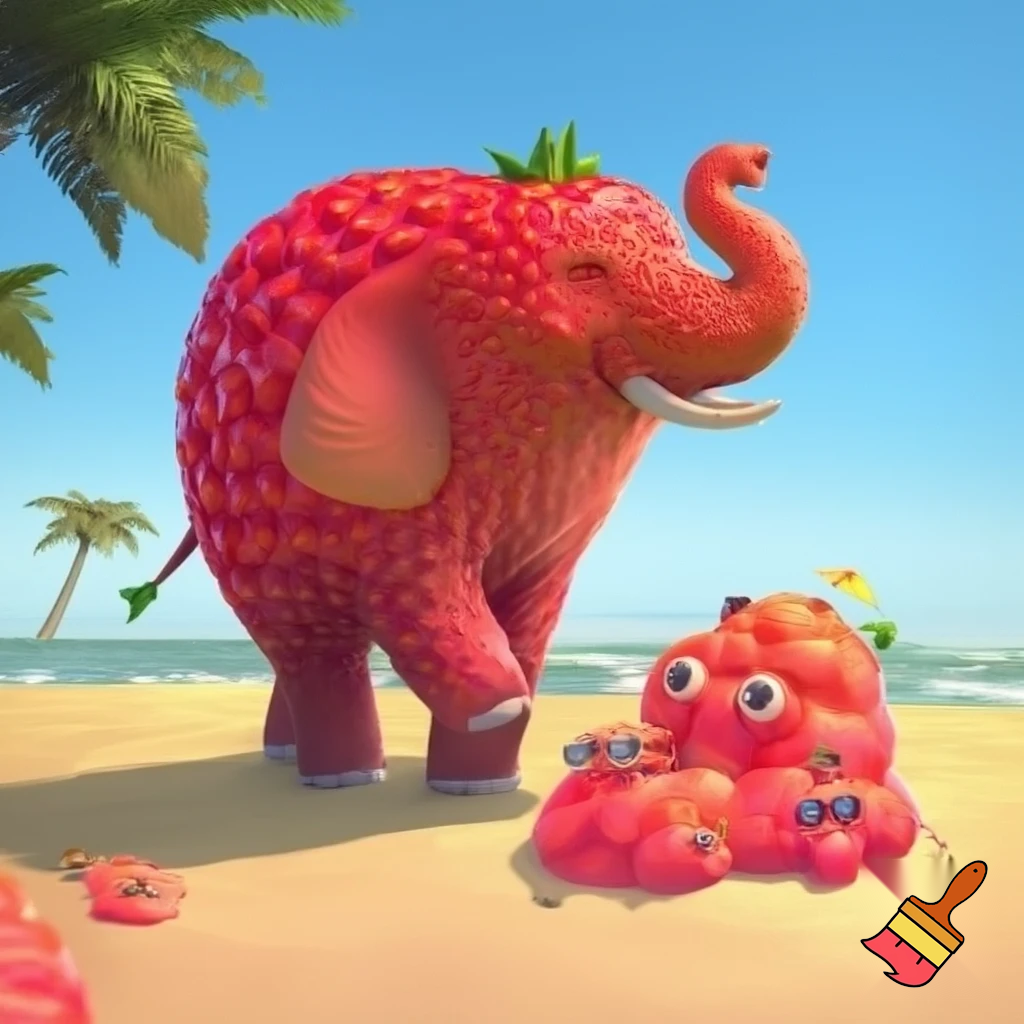 strawerry elephant from steal a brainrot on the beach with other brainrots