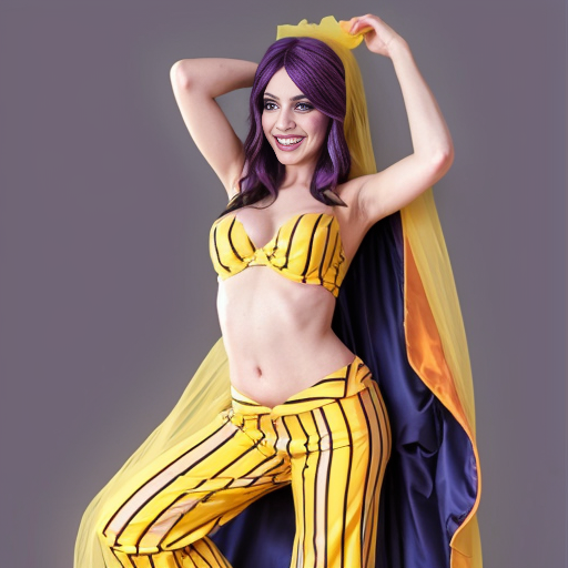 90's disney's 2d aladdin style comic black background and panels of 
panel 1 orange haired batgirl with purple and yellow striped harem pants, purple bra and yellow curved slippers with both hand palms place together and hiding the bottom of her mouth with a purple and yellow striped veil wrapped around her arms and shoulders. 
panel 2 she danced with purple and yellow striped harem pants with purple bra and yellow curved slippers and with purple and yellow striped veil wrapped around her arms and shoulders and raising legs and bounced up and down her belly and shook her hips left and right. 
panel 3 as orange haired batgirl with purple and yellow striped harem pants, purple bra and yellow curved slippers and with purple and yellow striped veil wrapped around her shoulders and arms spreading her arms, happily revealing her face to the viewer and giving a smile as she turns around shook her hips left and right. 
Panel 4 as orange haired batgirl with purple and yellow striped harem pants, purple bra and yellow curved slippers and with purple and yellow striped veil wrapped around her shoulders and arms started to fade away , except her belly, which is bouncing around. 
Panel 5 then the ball transforms into the fading in belly of black haired zatanna with light purple and dark blue striped harem pants, light purple bra , dark blue curved slippers and with light purple and dark blue veil wrapped around her arms and shoulders with her swaying her hips. 
Panel 6 then black haired zatanna with light purple and dark blue striped harem pants and light purple bra and dark blue curved slippers and with a light purple and dark blue striped veil wrapped around her arms and shoulders and with her hand palms place together between her chest and gives a smile and winking her left eye.