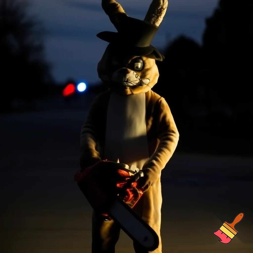 Easter bunny with a chainsaw with a top hat mascot costume go to naughty people angry Easter bunny