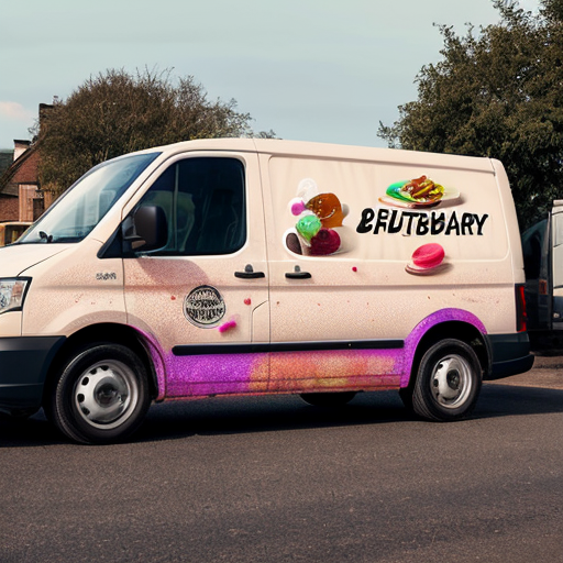 A white delivery van (side view) with full vehicle wrap design for "Тортик" bakery. On the side: large logo, the slogan "Сладость, объединяющая семью", phone number + website, and a playful graphic of scattered candy sprinkles in brown, cream and raspberry colors. The design is eye‑catching but clean, not cluttered. The van is parked on a sunny residential street. High resolution, realistic automotive mockup, bright daylight.