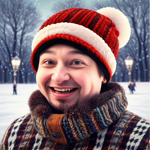 A laughable, puzzled toad in woolen, multicoloured winter clothings with woolen, funny winter cap. Hyperrealistic art style.