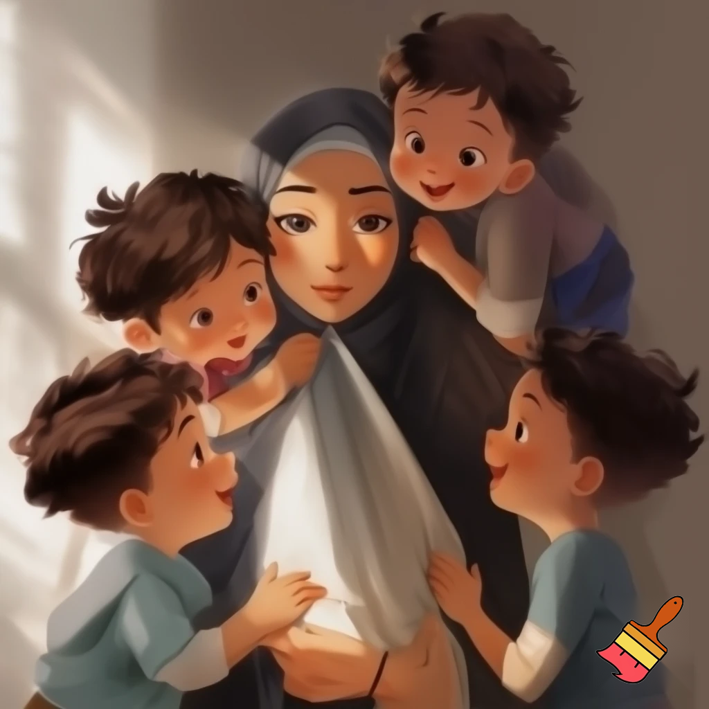 Je veux une famille normale avec une maman fine et voilée avec 3 garçons d'environ 10 ans une petite fille de 8 ans une fille de 4 ans et un bébé ils ont tous les cheveux noirs bruns et je veux pas de salon arabe juste la maman est voilee 