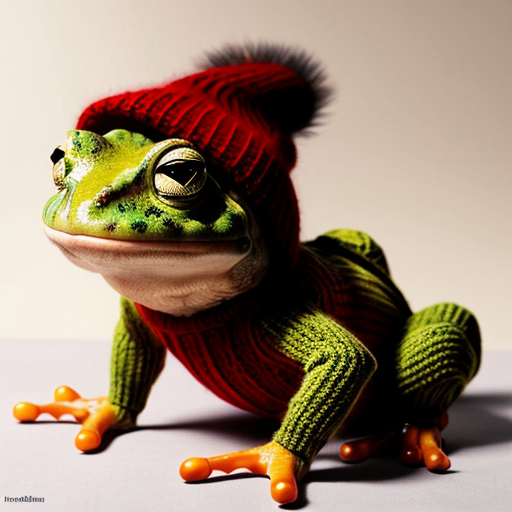 A laughable, puzzled animal toad in woolen, multicoloured winter clothings and with woolen winter cap. Hyperrealistic style.