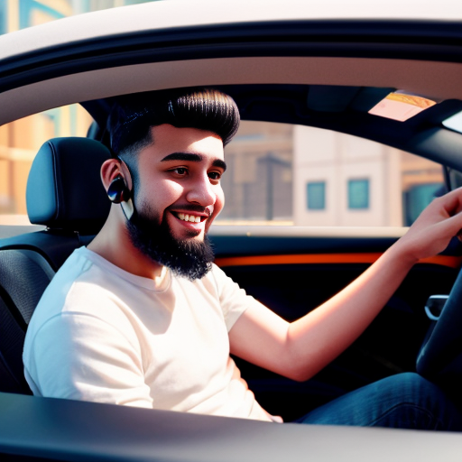 Pixar-style 3D cartoon, young Muslim man, 20 years old, beard, black jeans, white shirt, sitting in a car, holding phone to his ear, answering a call, relaxed pose, big expressive cartoon eyes, friendly smiling face, city visible through car windows in the background, bright colors, cinematic lighting, simple cartoon style