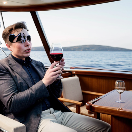 Elon musk sitting in a chair read “Poor Richard’s Almanack” while a servant is bringing him a glass of wine and he on a luxurious yacht with his femboy friends