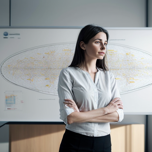 A calm, thoughtful professional woman standing in front of a large abstract map or schematic diagram with blurred and undefined paths, symbolizing uncertainty. She is not stressed, but reflective. Soft lighting, modern office environment, minimalist style, neutral tones. The mood conveys strategic thinking, responsibility, and long-term vision. Professional, realistic illustration or cinematic photography style.