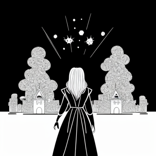 young, tall, white-haired woman in armor stands in front of a burning castle into which meteorites are falling.