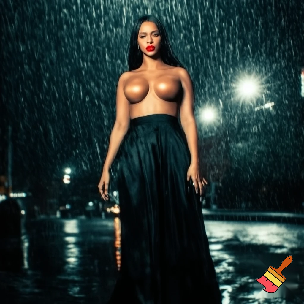 Beyonce with black hair wearing red lipstick wearing nipples covers photoshoot, she is posing in rain ,she is also wearing a long black skirt 