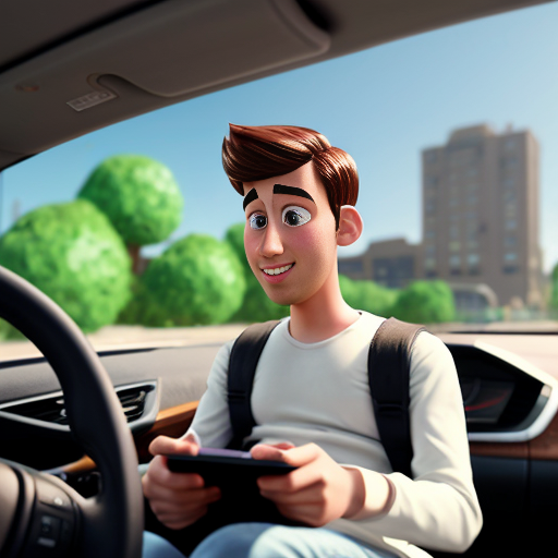 Pixar-style 3D cartoon, young Muslim man, 20 years old, beard, short hair, white shirt, black jeans, sitting in a car at the driver's seat, holding phone to his ear, looking at the road, attentive, no headphones or other gadgets, big expressive cartoon eyes, friendly face, city visible through car windows, bright friendly colors, cinematic lighting, simple cartoon style