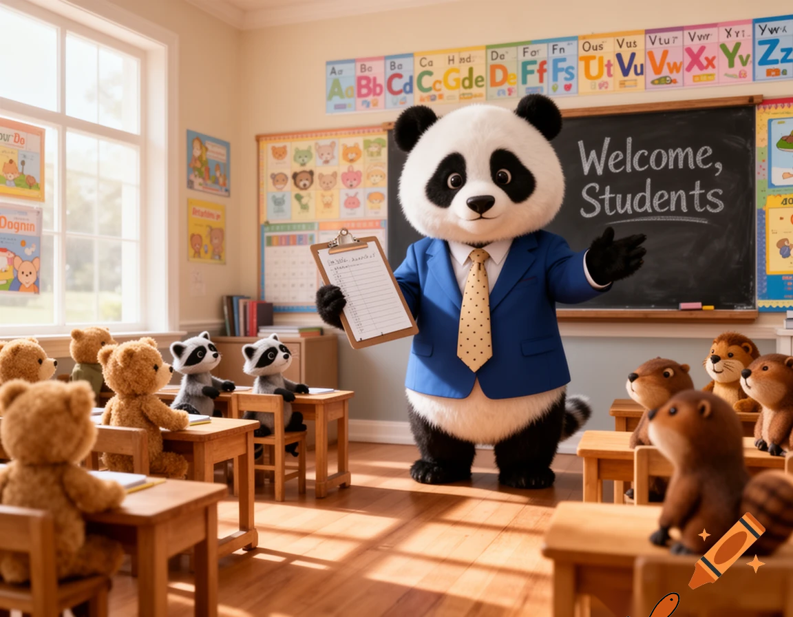a panda teacher checking if everyone is here in school