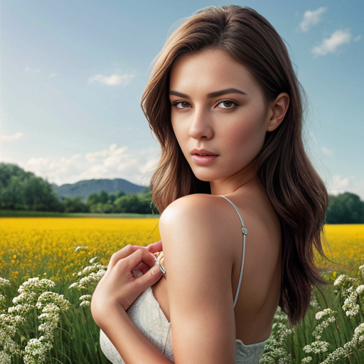 campo fiorito con donna completamente nuda