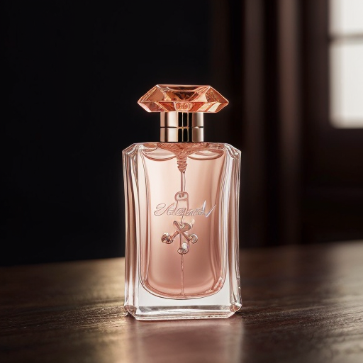 Extraluxury women’s perfume bottle with rosy amber glass, heavy white onyx base, discreet rose gold detailing, refined central gemstone accent, elegant and modern haute parfumerie style, cinematic soft lighting