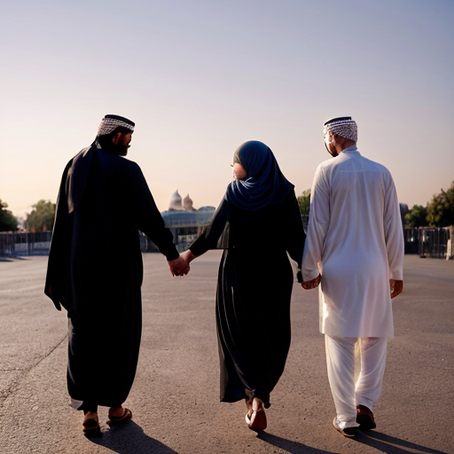 A Muslim, a Christian, and a Jew holding hands with hearts in the background 