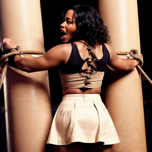 Actress Nia Long long curly hair naked wear a light beige skirt arms behind back to the pole ,tied up by ropes background screaming burned at the stake fire