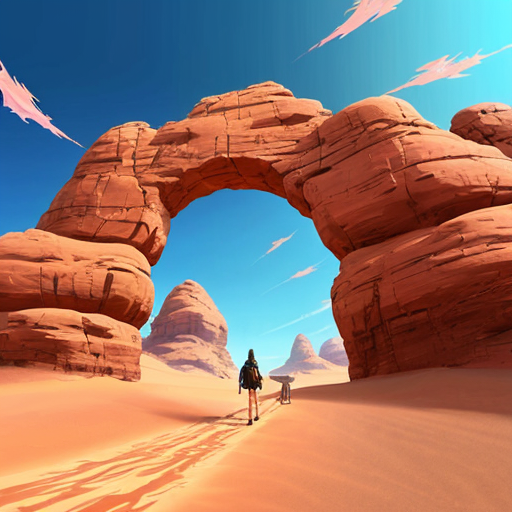 Paint and desert arch with multiple abstract figures in Tanguy style