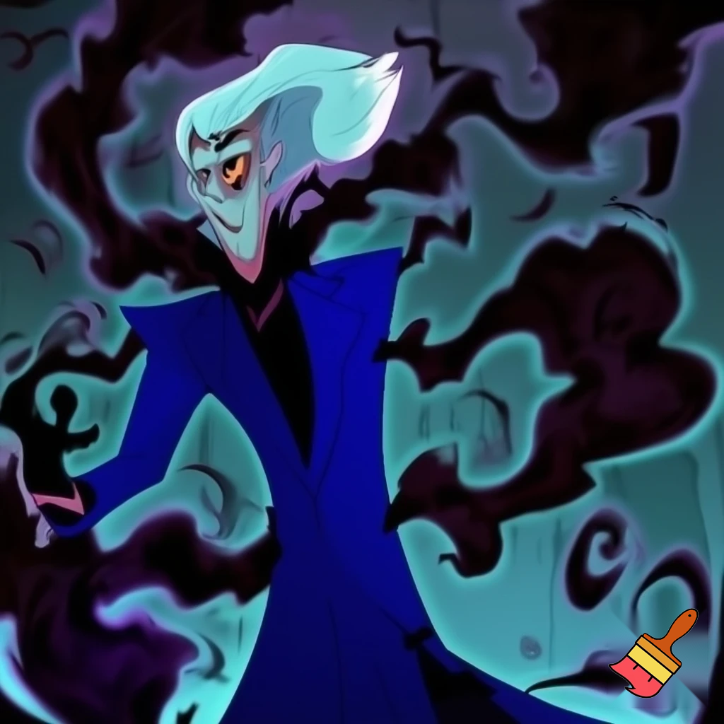 A tall, lean pale man with a similar build to Alastor with white hair, distinctive round brass glasses he has a stern look on his face. his face In cartoonish art style of hazbin hotel wearing his signature blue overcoat with black sinister smoke curling around him his hand reaching out, producing the black sinister smoke