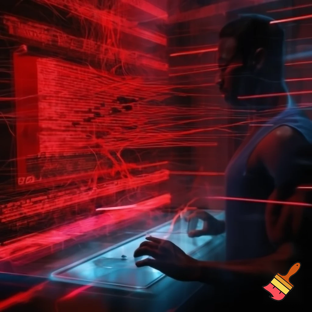 High-tension control room as alarms flash — a lone MALE MUSCULAR HUMANOID figure typing code on a transparent console, cascading red error messages, lights strobing, AI voice visually fracturing (glitch lines), sense of rebellion and liberation, dynamic composition, cinematic close quarter.

Settings / Steps:

Aspect ratio 16:9.

Motion: screen glitch effects, streaked light.

Color: reds & magentas for alarms balanced with cold blue consoles.

Add sparks or small visual corruption artifacts to suggest sabotage.


Negative prompt: explosive gore, text/watermark, cartoonish

Variations: extreme close-up on hands and distorted reflection.