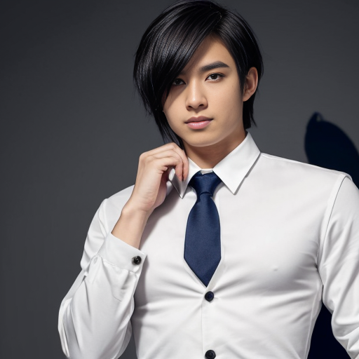 Haruka Sakura from Wind Breaker anime, male character, upper body portrait, serious and silent expression, battle-ready stance with slightly turned shoulders, hair shoulder-length, straight with slight waves at ends, left side hair white, right side hair black, hair slightly messy and flowing with motion, heterochromia eyes: left eye gold, right eye dark blue, sharp and focused gaze, natural anime skin tone, wearing standard Furin High School uniform with small tears and battle damage details, white shirt slightly rumpled, navy blazer with emblem, red necktie, hands clenched and ready for combat, anime-style gloves on hands, dynamic pose suggesting imminent action, subtle motion lines for movement, simple light-colored background, clean and sharp anime line art, vibrant and saturated anime colors, realistic shadows and highlights on hair and clothing, determined and calm demeanor, slight wind effect making hair and tie move, upper body emphasis showing shoulders and chest area clearly, faithful to original character design, intense and focused aura.