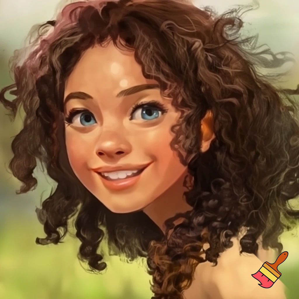 A 12 year old girl with curly hair blue eyes with tan skin