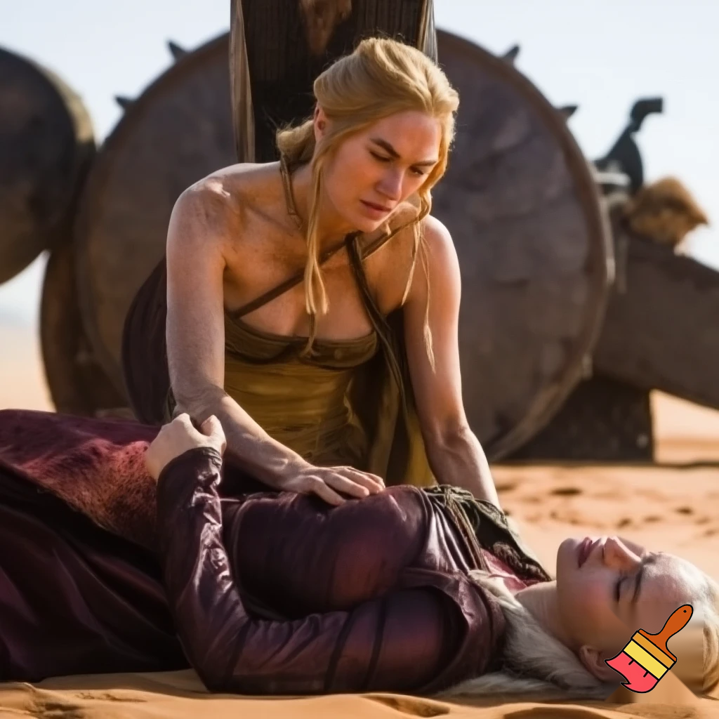 Cersei Lannister and Daenerys Targaryen fighting in the desert, Cersei Lannister is sitting astride on top of Daenerys on the ground .both are naked and all sweaty 
