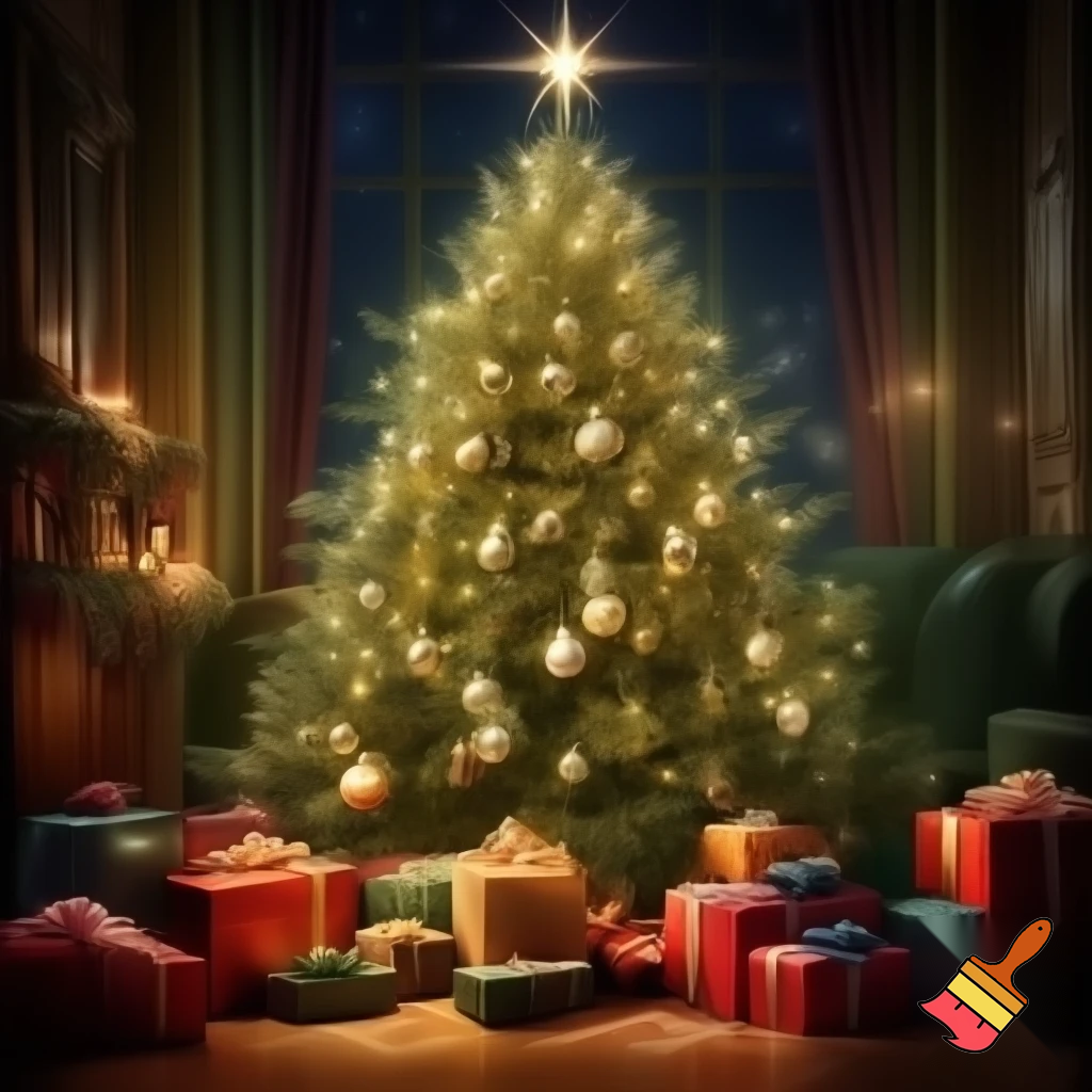 Christmas tree with  a star and present all around
