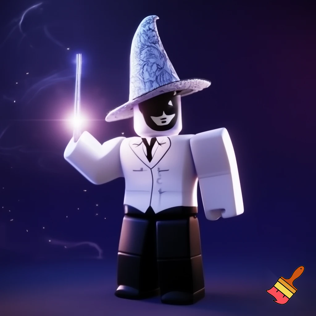 Roblox guy with white suit and he’s right body is black suit and have half black mask and has little tall nose with cool wizzed hat and magic wand