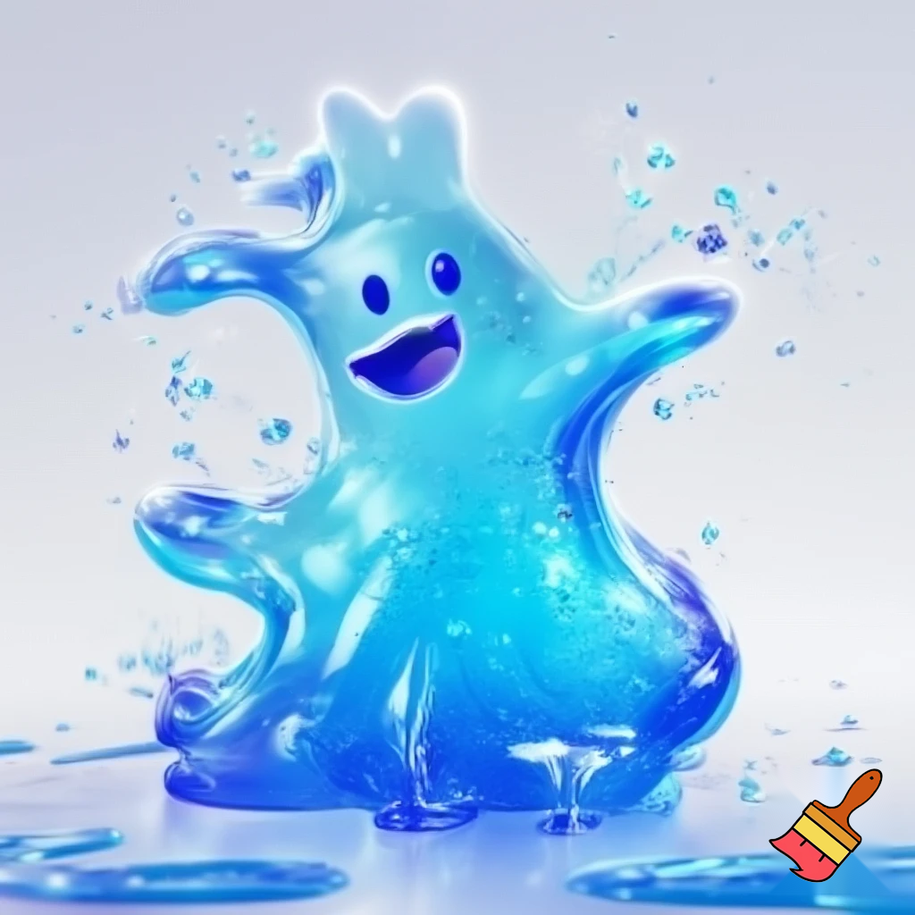 A bouncing slime creature made of bright blue gelatin full of floating bubbles inside. The body stretches and squishes with each movement, translucent and shiny like liquid glass. His expression is joyful and playful, with bubbly energy all around him. He looks friendly, silly and lively, like a magical creature made entirely of cheerful slime.
