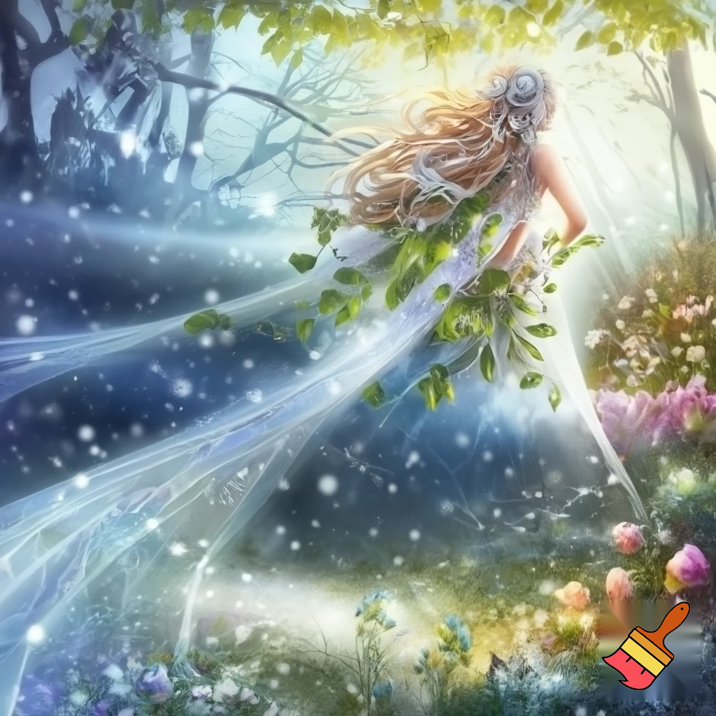 Девушка Зима плавно растворяется и переходит в девушку Весну, природа фэнтези, сказочно, волшебно

