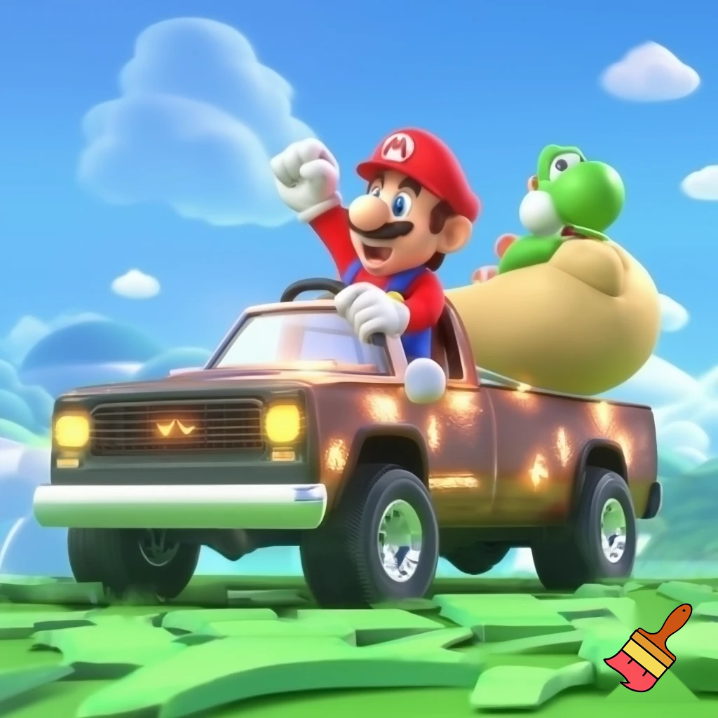 Mario driving a pickup truck with free v bucks and yoshi holding a bag of v bucks. Make the image clean 