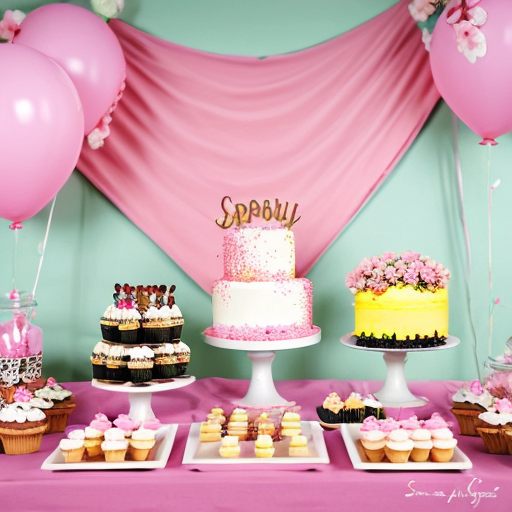 Spring-themed dessert table celebrating the new semester, cherry blossom decorations, pastel pink and white colors, cute cakes, macarons, cupcakes, sakura petals scattered, soft ambient sunlight, cozy and charming, artistic illustration, whimsical and detailed, crayon and pastel texture style