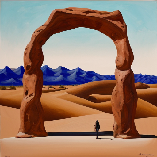 Paint and desert arch with multiple abstract figures in Tanguy style
