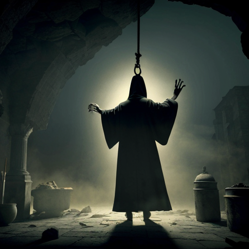 Photorealistic dark fantasy crypt. A gaunt, pale man in black robes stares at a fleshy, grotesque sack hanging from a rope. A winged, horned demon perches on a stone ledge behind him. Ruined stone floor with rubble, broken pots, and low-lying fog. Cinematic volumetric lighting, macabre gothic horror style, 8k resolution