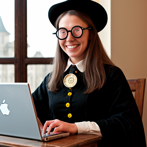 female wizard, laptop, monocle, compass, smiling
