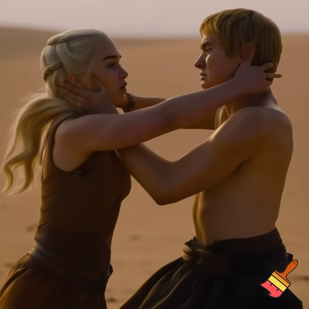 Daenerys Targaryen and Cersei Lannister fighting in the desert , Cersei Lannister is under Daenerys and losing. Both are naked and all sweaty 

