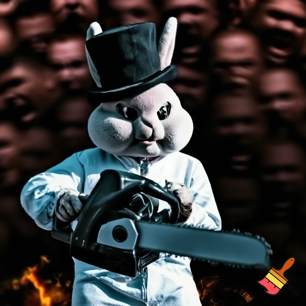 Easter bunny with a chainsaw with a top hat mascot costume go to naughty people angry Easter bunny fire bomb fire bomb