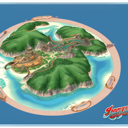 Cartographer style map of circular island that looks a bit like a dragon curled on its side with a mountain in the middle of the island that is it's spine.
