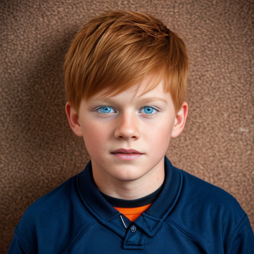 11 year old Canadian boy that's 4'8" with really short copper red (Strip of Orange) hair and turkish blue eyes
