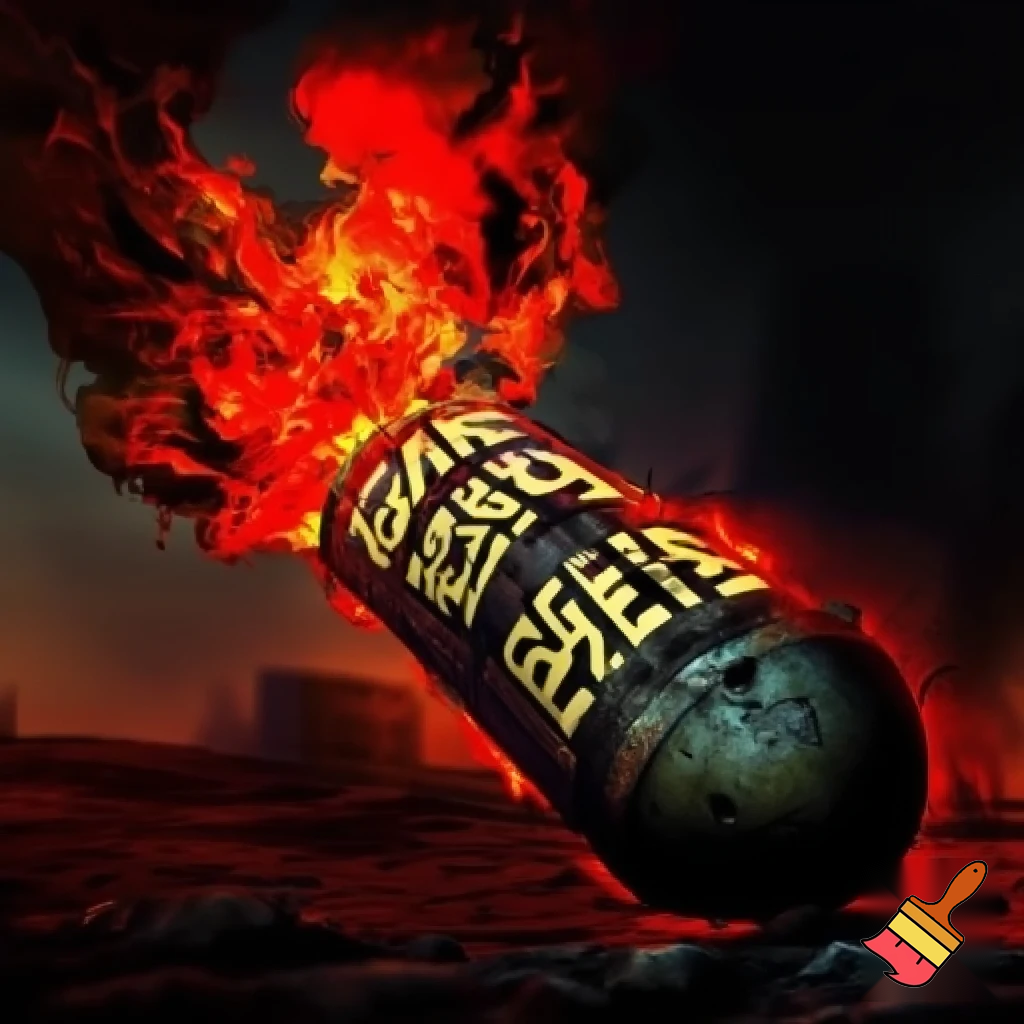 A bomb with red swirling flames and big text that says montagem industry