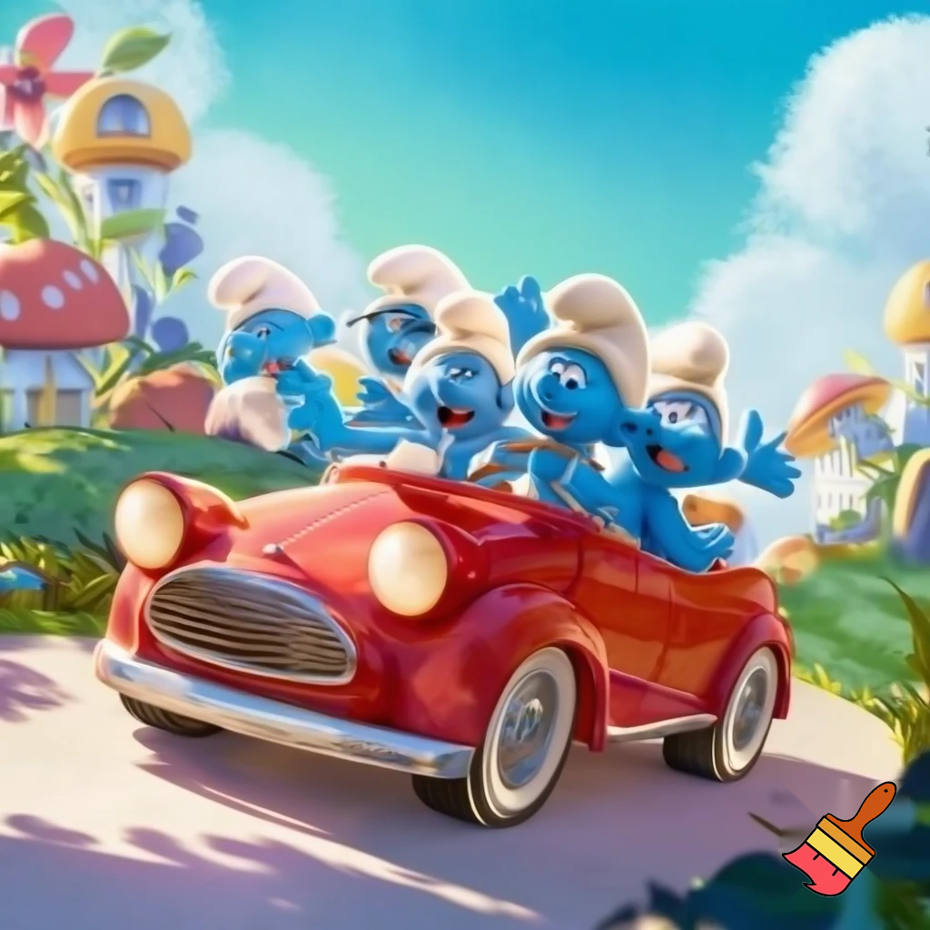 Smurfs riding a car.