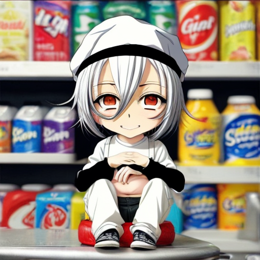 anime make chibi with white hair, a white cap and a white blindfold with a bloated belly sitting down from too much soda 