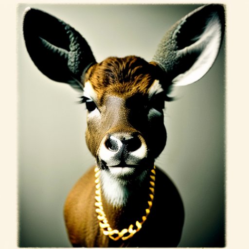 mugshot of a fierce deer with a tatoo , gold chain