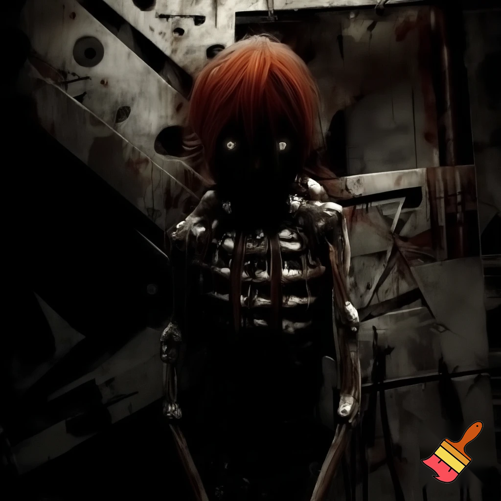 Red head, industrial art, minimalist, creature horror, machine, Dark